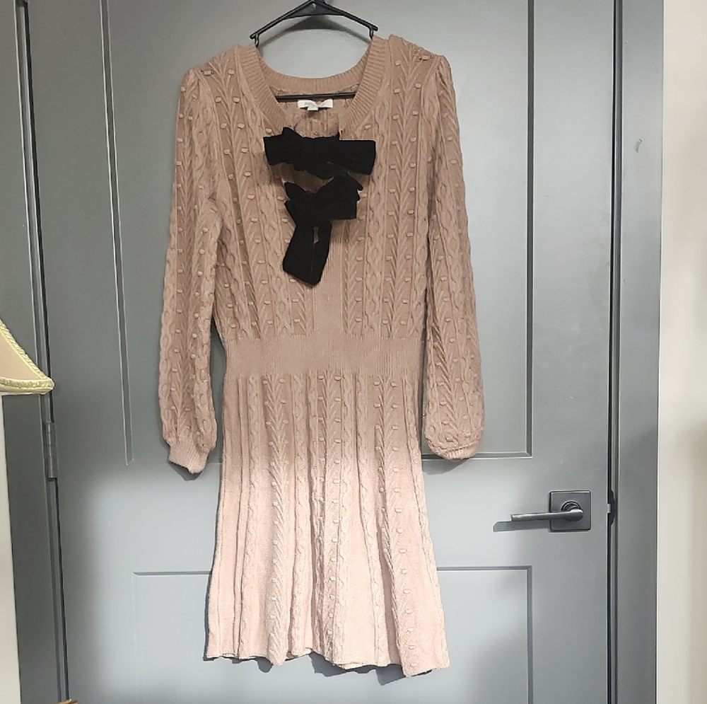 Francesca's Collections Tan Cable Knit Dress with Black Velvet Bows / NWOT